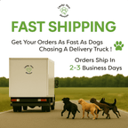 White delivery truck and four dogs on a road; "FAST SHIPPING" and "Orders Ship In 2-3 Business Days."