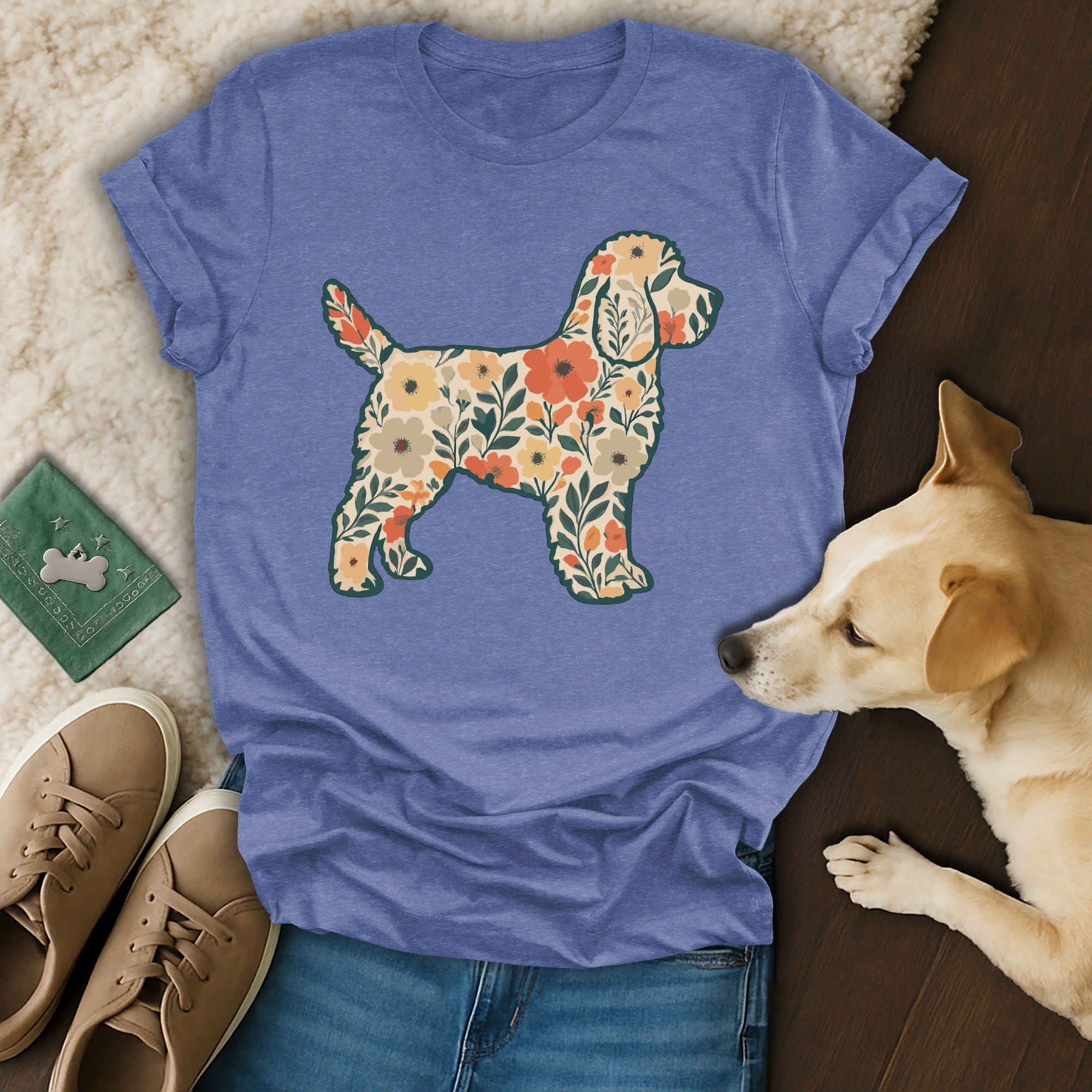 Floral Dog Silhouette Graphic on Blue Shirt Item