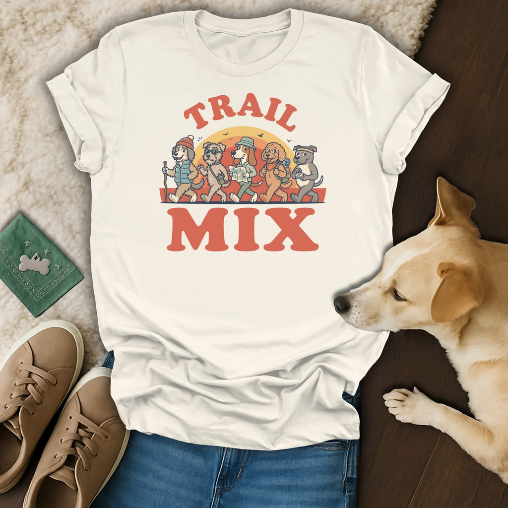 White t-shirt with cartoon dogs hiking and text "TRAIL MIX".