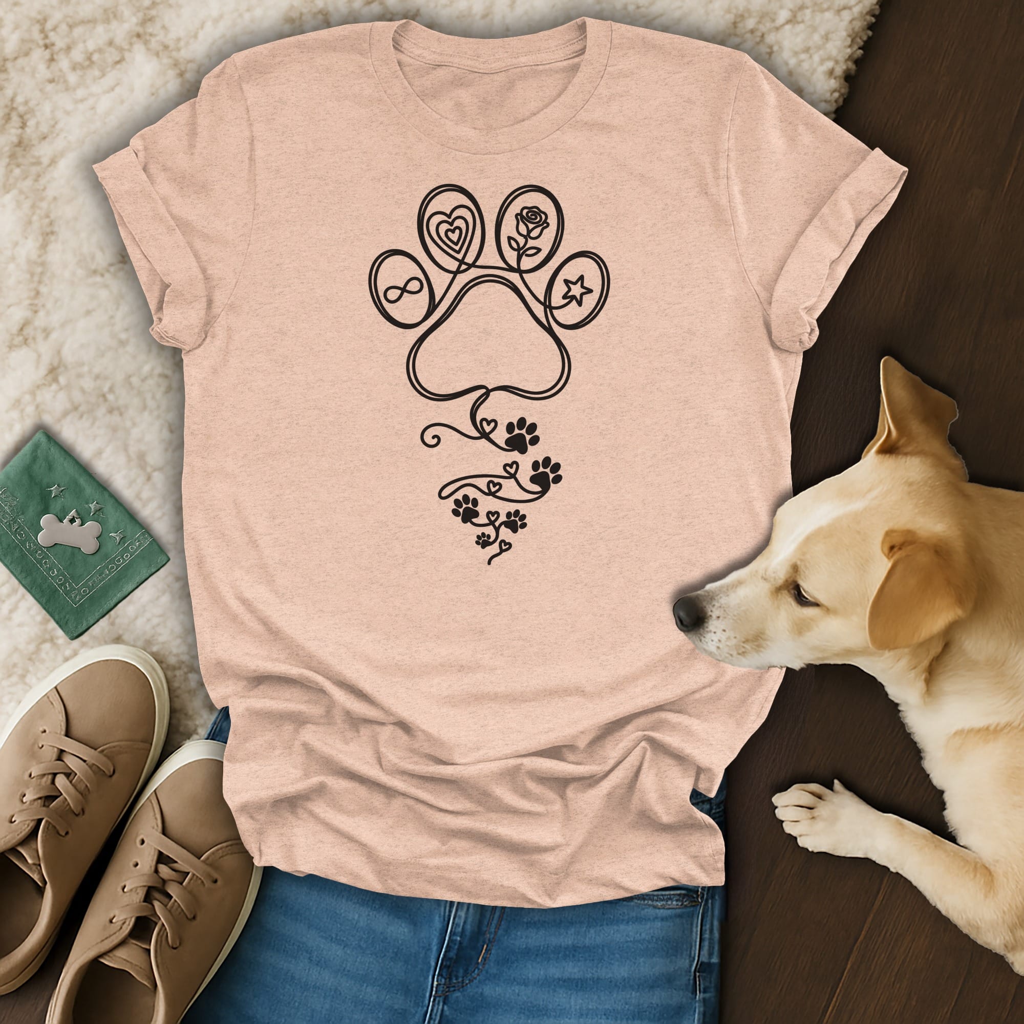 Pink t-shirt with paw print design featuring hearts, a rose, and paw prints.