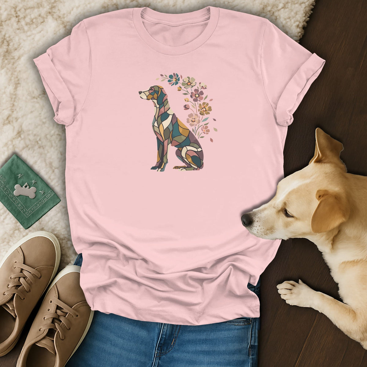 A pink t-shirt featuring a stained-glass style dog graphic with floral accents, laid out with blue jeans, tan shoes, and a real dog.