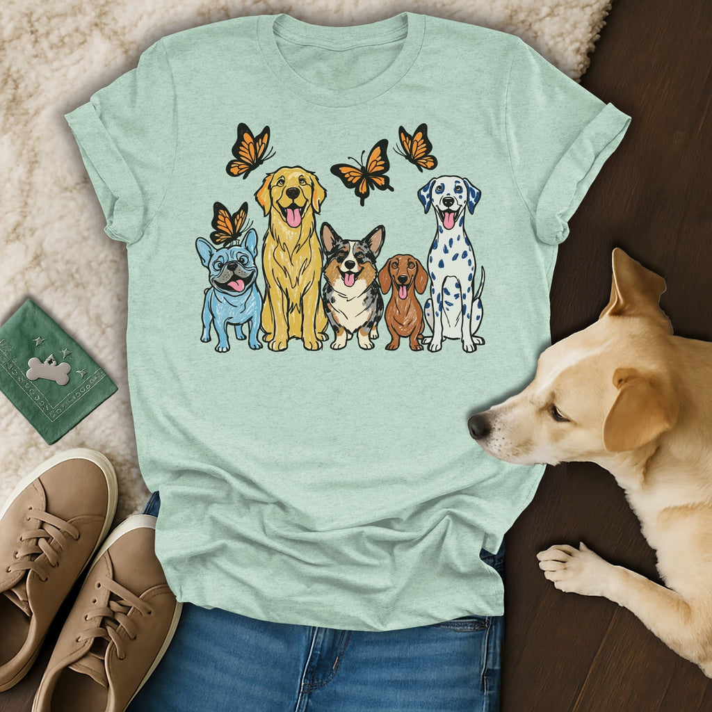 Line of dogs with butterflies above, on a pale blue t-shirt.