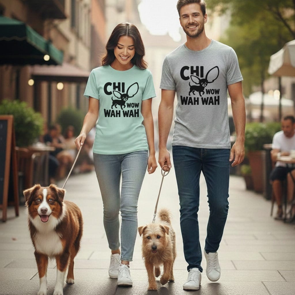 Couple wearing matching "Chi Wow Wah" t-shirts walks two dogs on leashes.