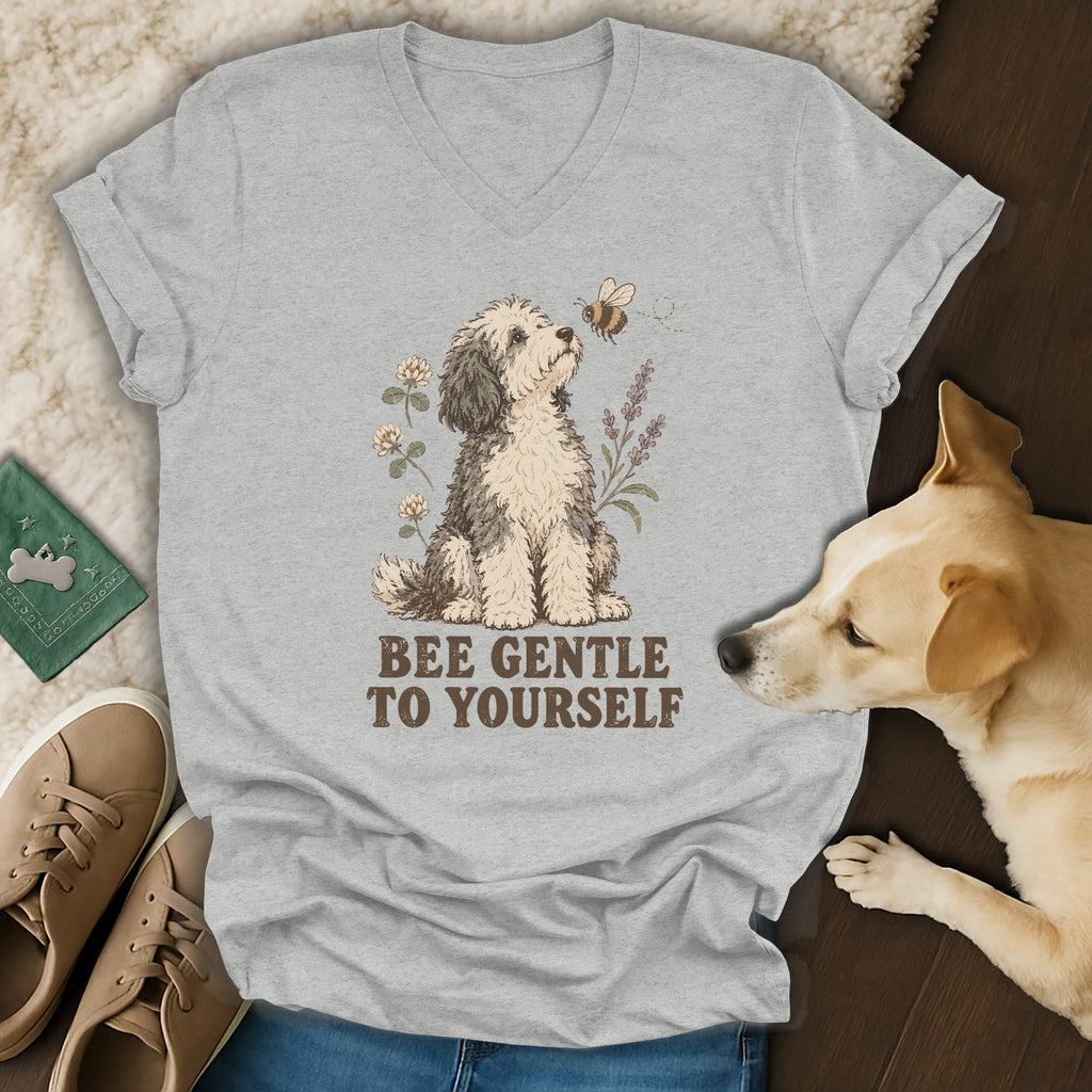 Gray V-neck t-shirt featuring a doodle dog sniffing a bee and the text "Bee Gentle to Yourself."