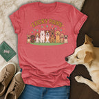 T-shirt with multiple dog breeds and "Lucky Paws" text.