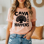 Peach t-shirt with "Cava Poo Happens" text and dog silhouette.