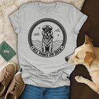 Gray t-shirt with a dog wearing a captain's hat and sunglasses, text reads "All Paws on Deck."