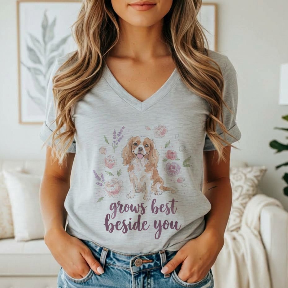 A woman wearing a gray V-neck t-shirt printed with a Cavalier King Charles Spaniel surrounded by watercolor flowers and the text grows best beside you.
