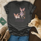 T-shirt with fairy and butterfly girl walking a small dog.