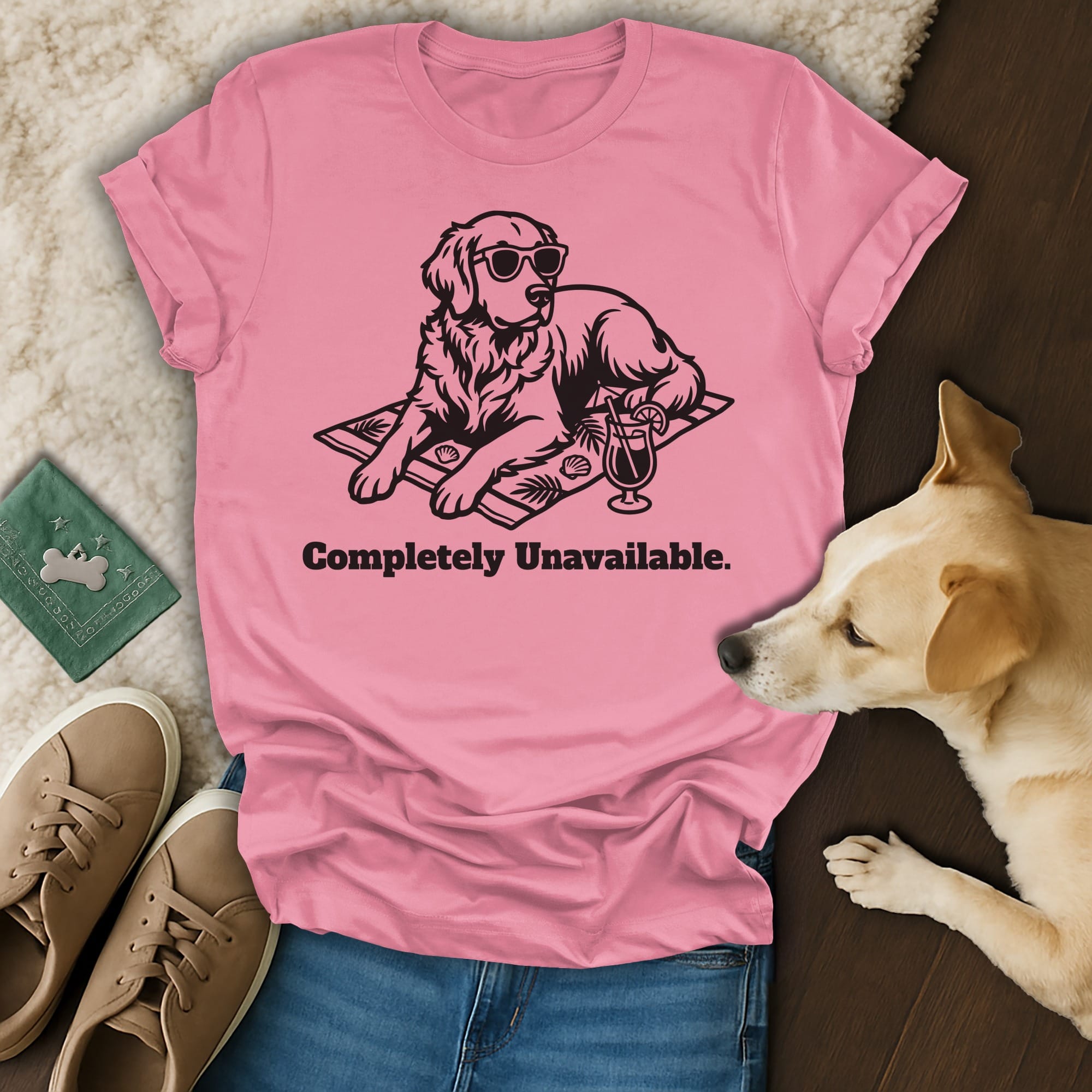 Golden retriever wearing sunglasses on beach towel, "Completely Unavailable." text.