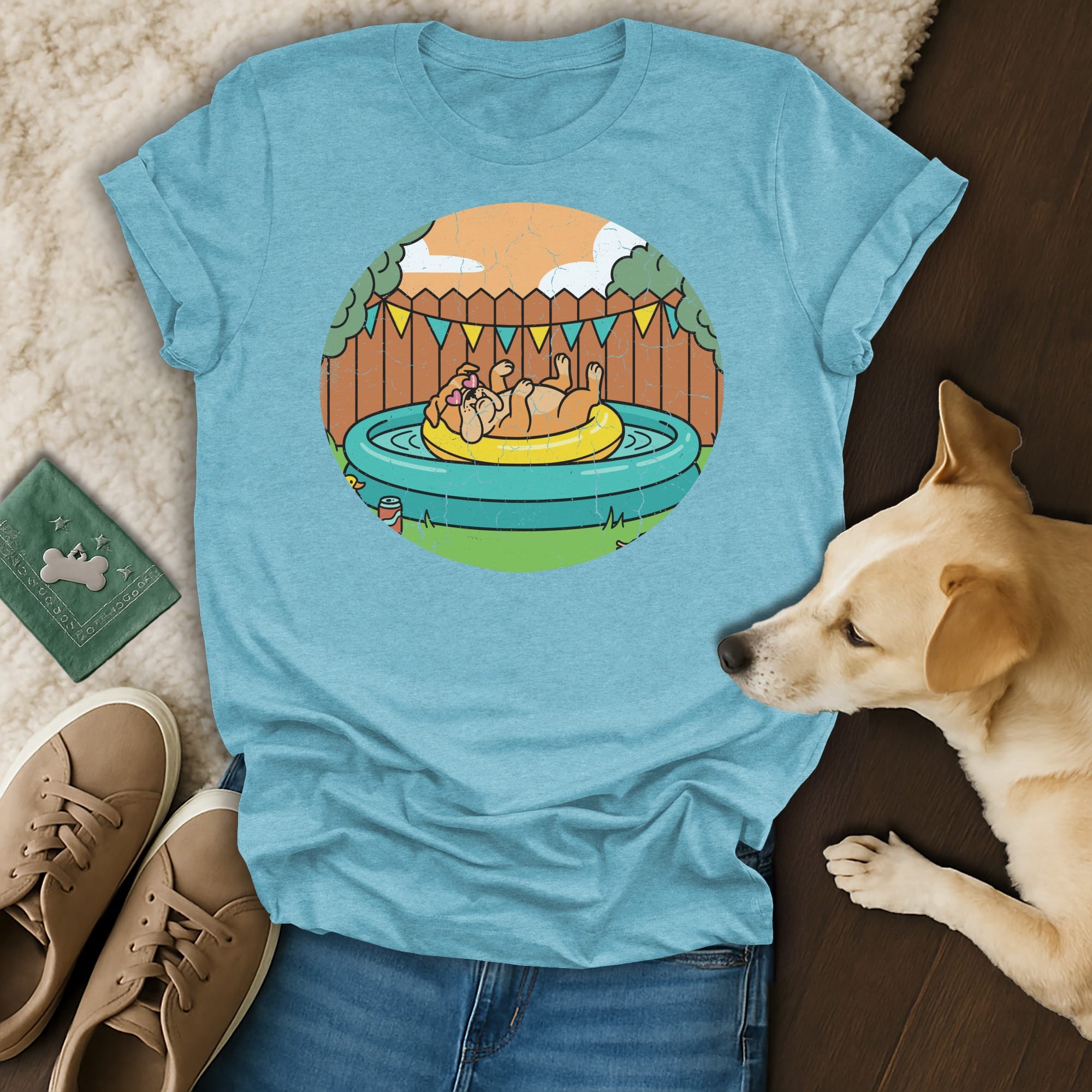 Dog relaxing in a kiddie pool on a t-shirt design.