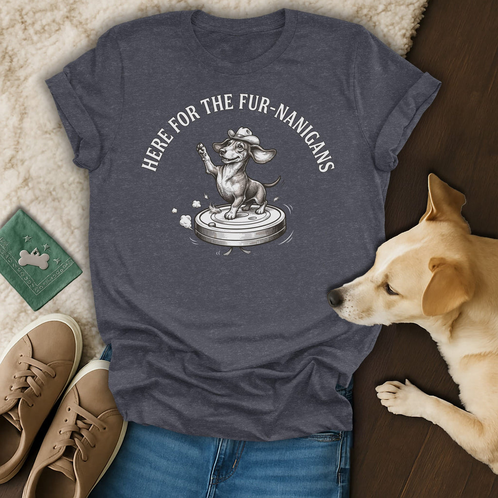 Dark grey t-shirt with drawing of dachshund wearing cowboy hat on robot vacuum