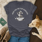 Dark grey t-shirt with drawing of dachshund wearing cowboy hat on robot vacuum