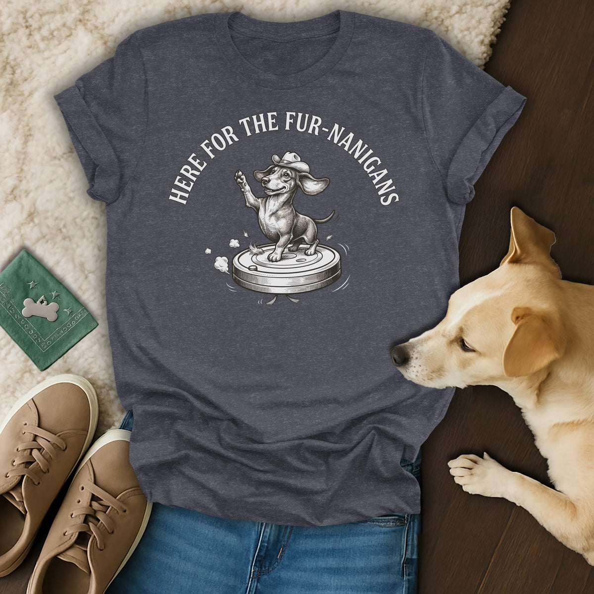 Dark grey t-shirt with drawing of dachshund wearing cowboy hat on robot vacuum