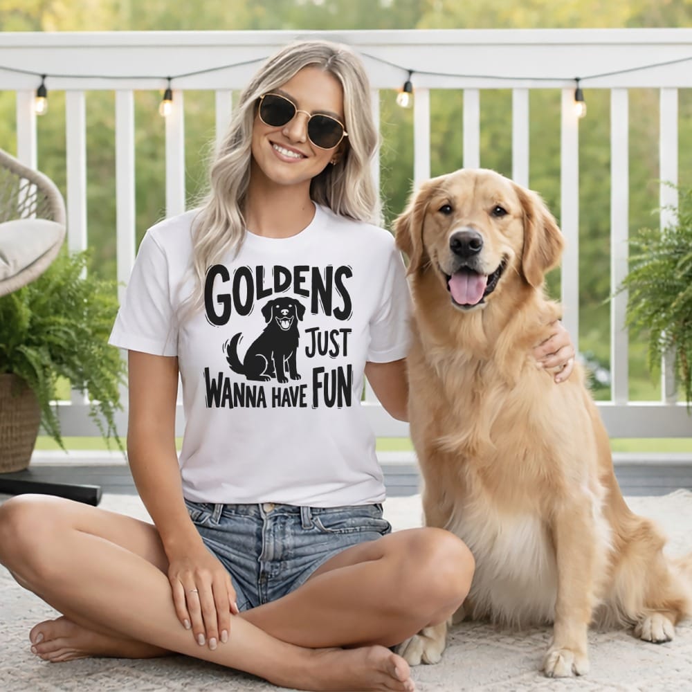 Woman with Golden Retriever wearing t-shirt that says "GOLDENS JUST WANNA HAVE FUN".