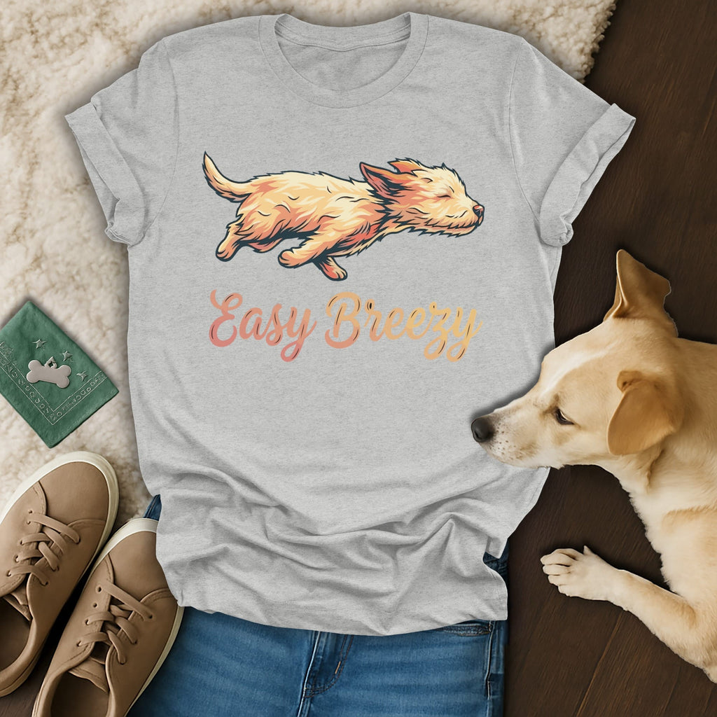 Grey t-shirt with "Easy Breezy" text and a stylized dog graphic.