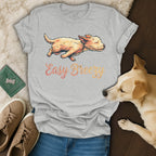 Grey t-shirt with "Easy Breezy" text and a stylized dog graphic.