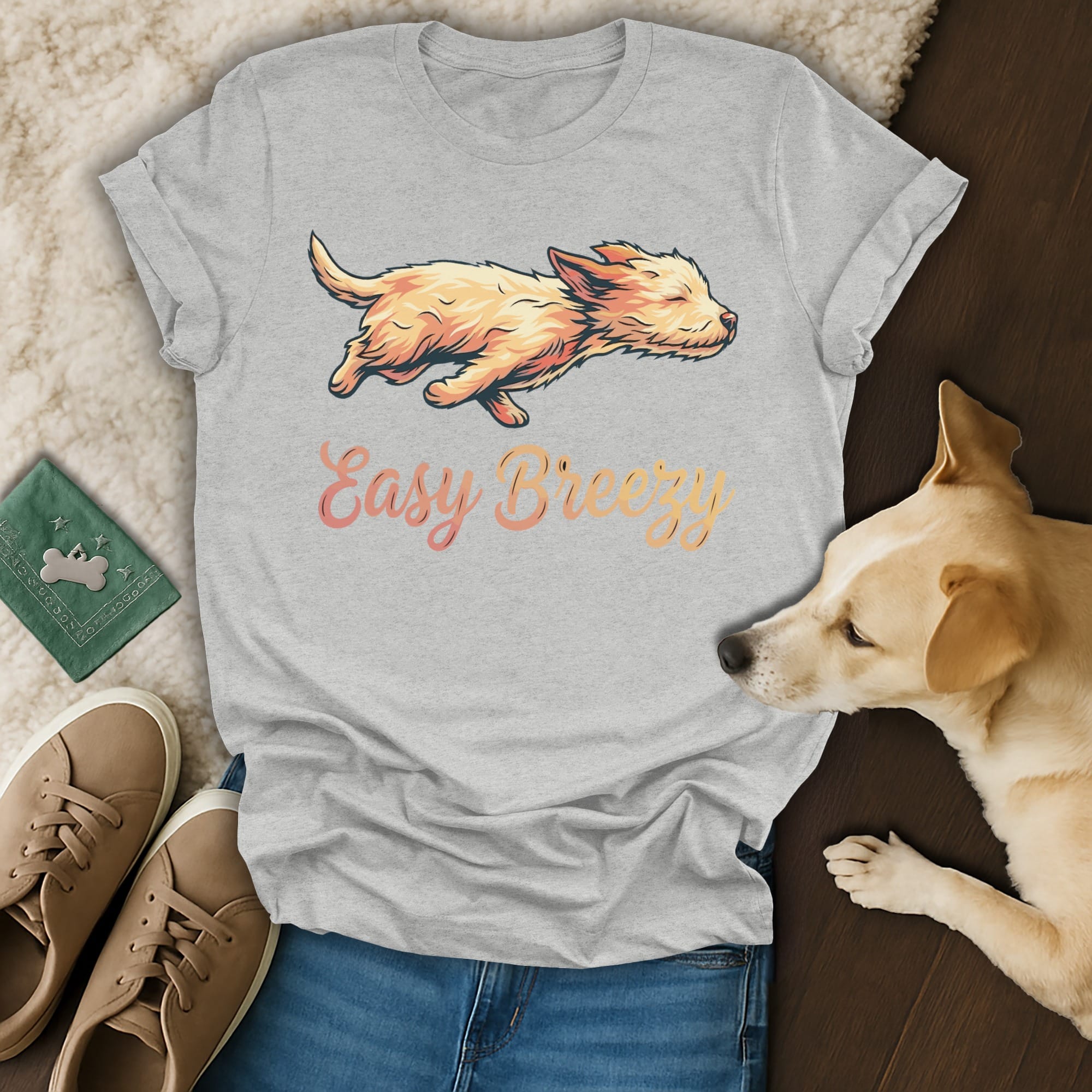 Grey t-shirt with "Easy Breezy" text and a stylized dog graphic.
