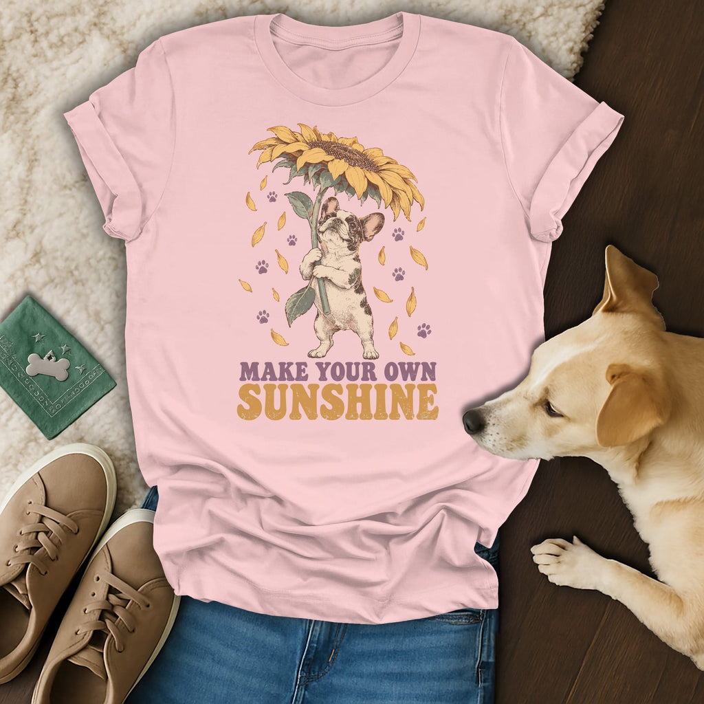 A pink t-shirt featuring a French bulldog holding a sunflower graphic and the text Make Your Own Sunshine.