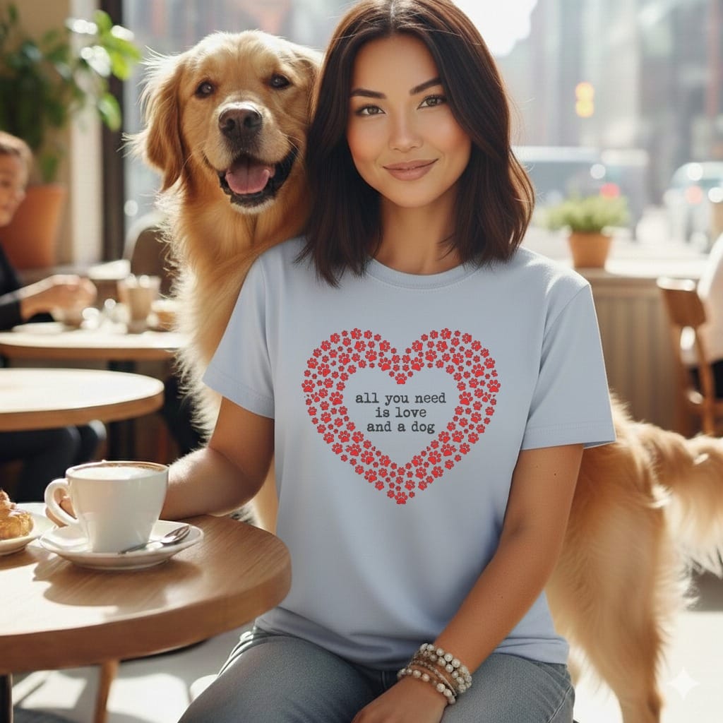 Woman and golden retriever wearing t-shirt with heart of paw prints and text.