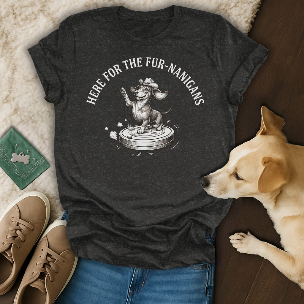 Dark grey t-shirt with a dachshund wearing a cowboy hat, riding a robot vacuum.