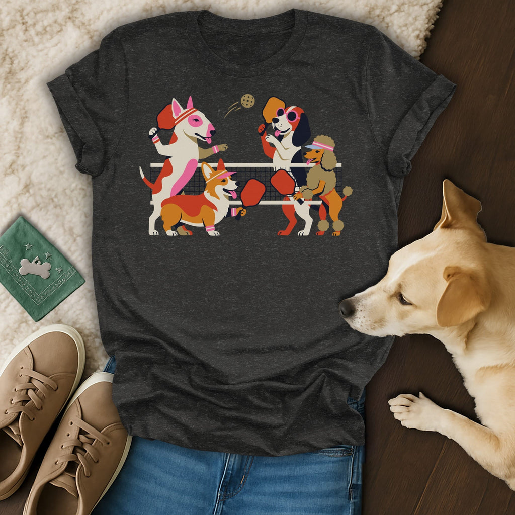 Dark grey t-shirt with cartoon dogs playing pickleball on the front.