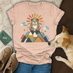 T-shirt with a bulldog meditating on a mountain, surrounded by colorful geometric shapes and clouds.