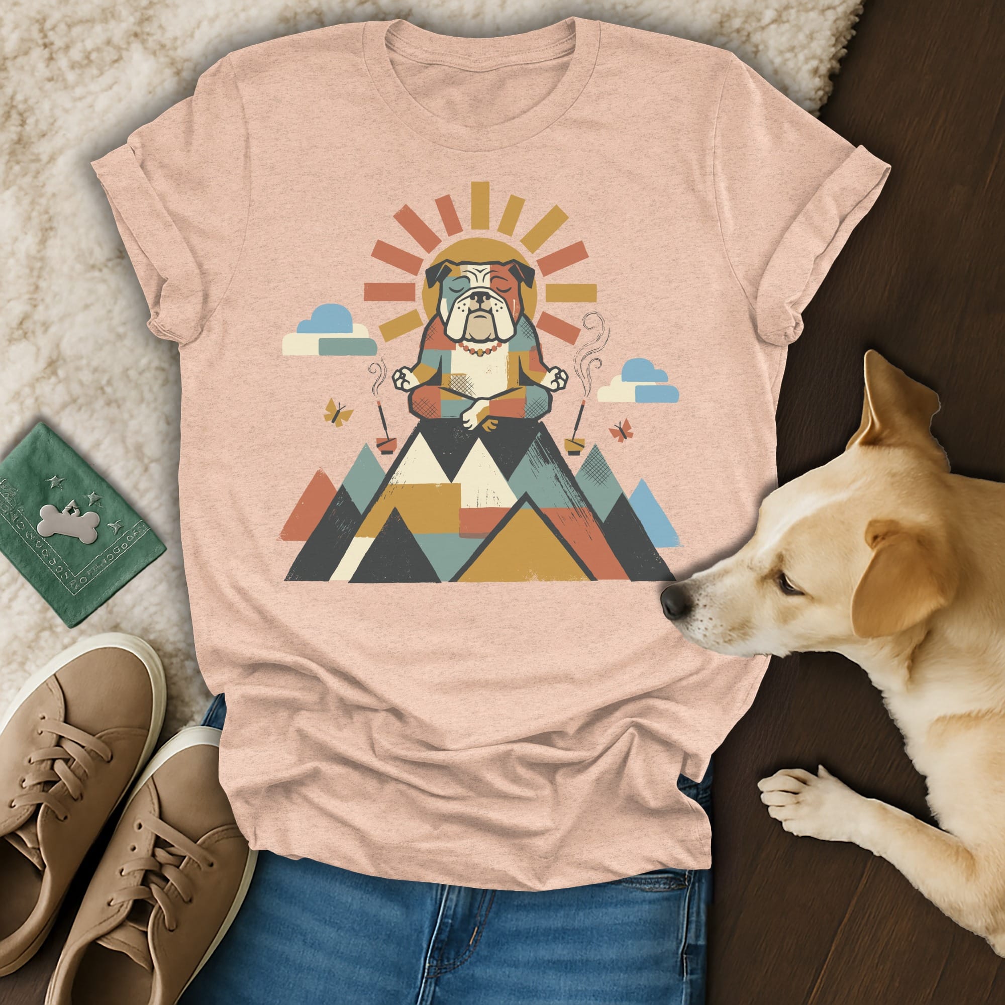 T-shirt with a bulldog meditating on a mountain, surrounded by colorful geometric shapes and clouds.