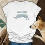 White t-shirt with a sketch of a greyhound and "FAST ASLEEP." text.