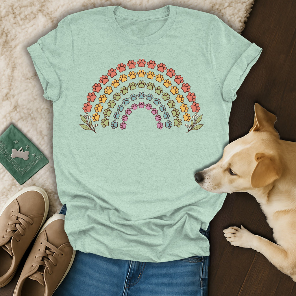 Light green t-shirt featuring a colorful paw print rainbow design, laid flat with accessories and a dog.