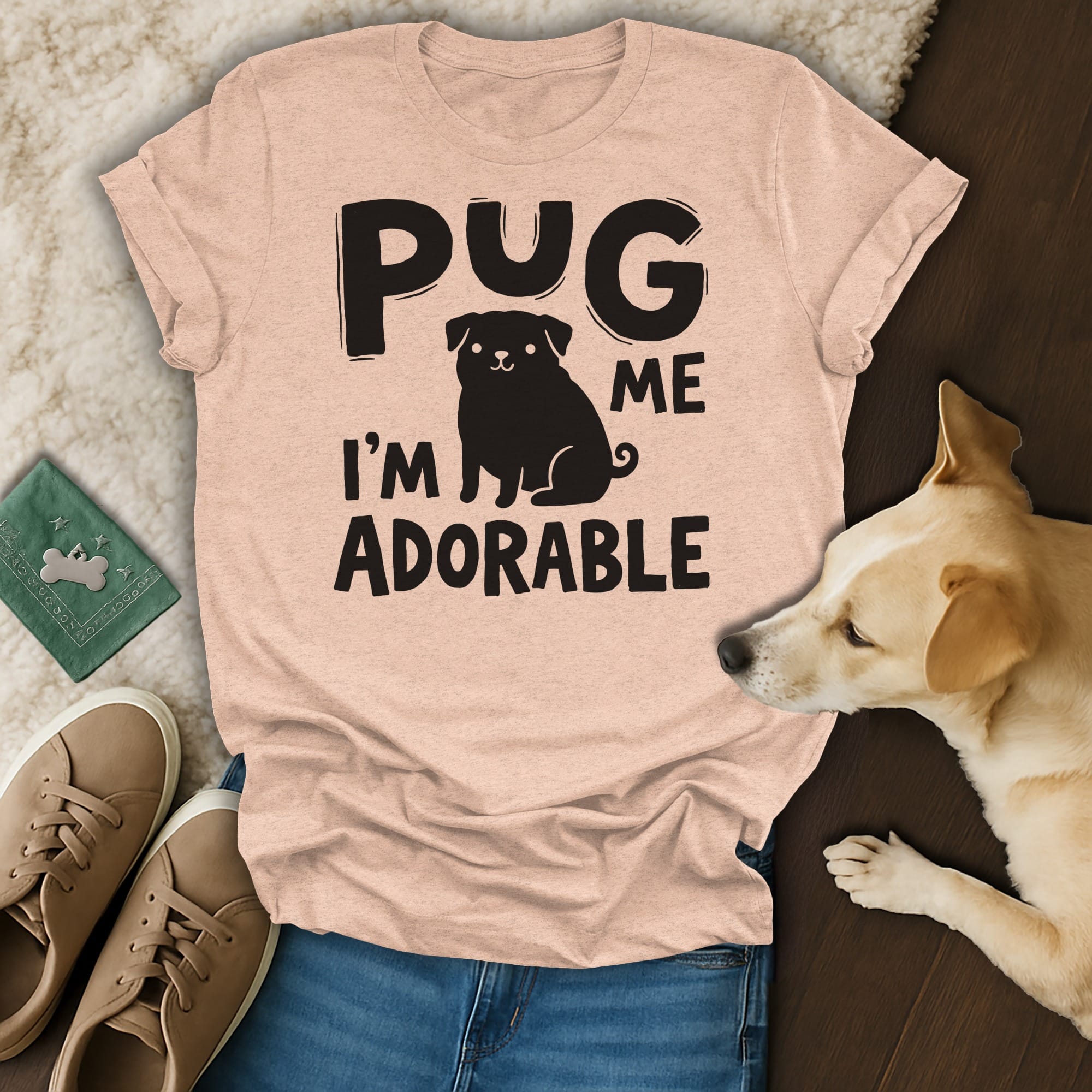 Peach t-shirt with "PUG ME I'M ADORABLE" text and pug graphic.