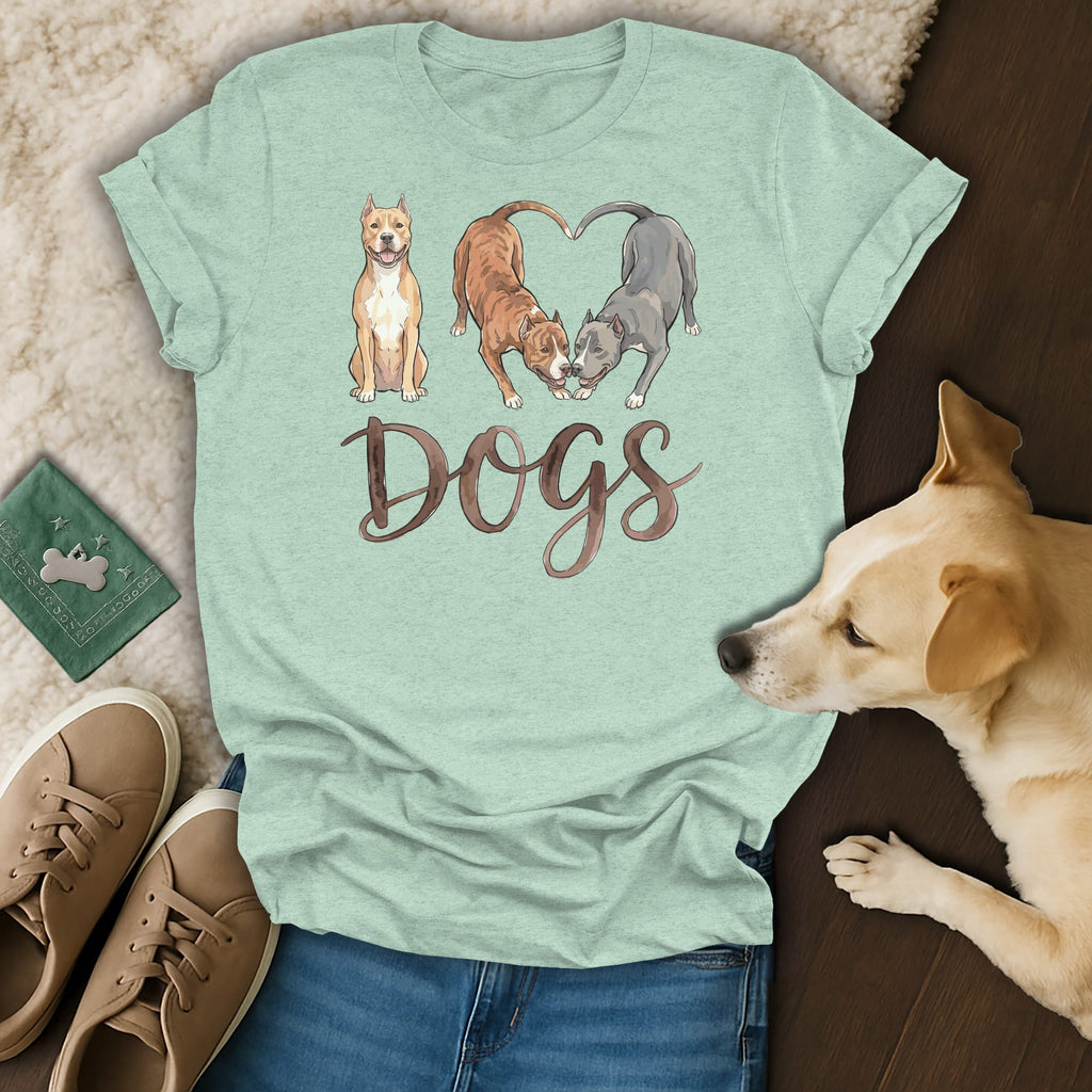 T-shirt with three dogs and the word "Dogs" in watercolor style.