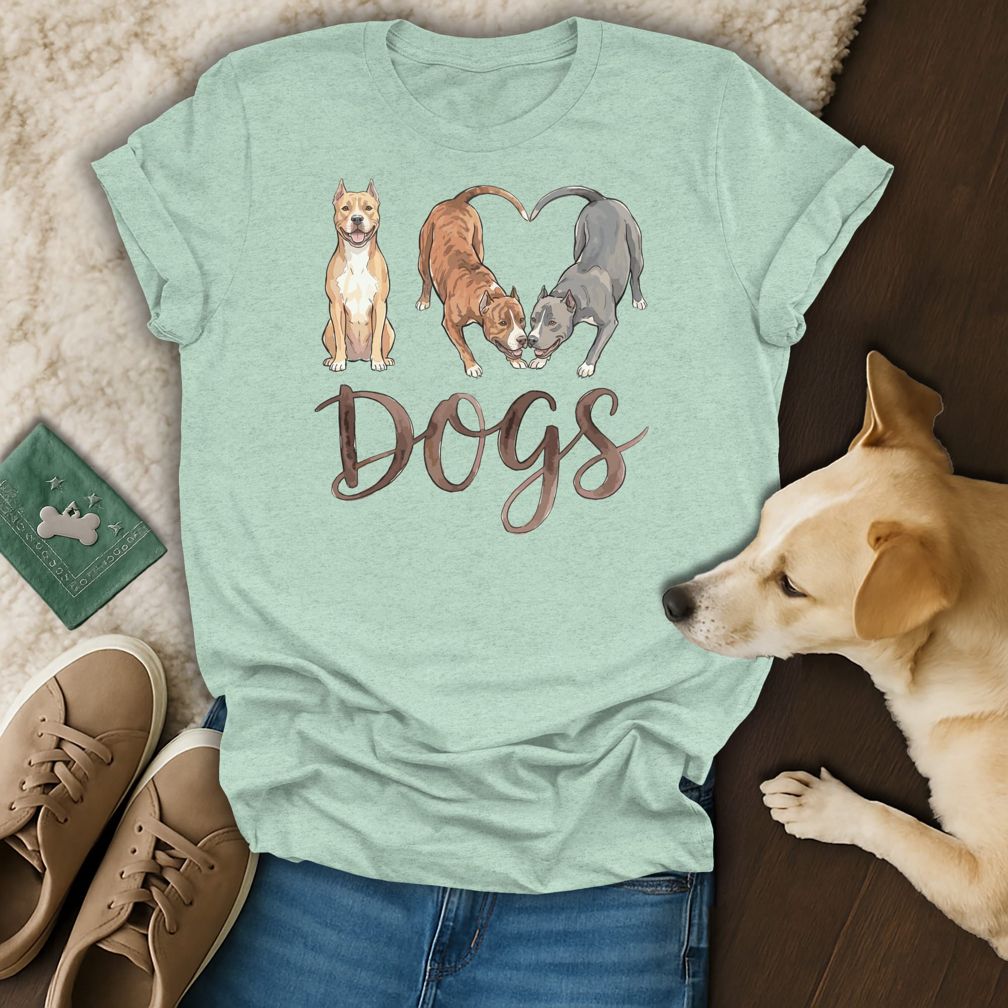 T-shirt with three dogs and the word "Dogs" in watercolor style.