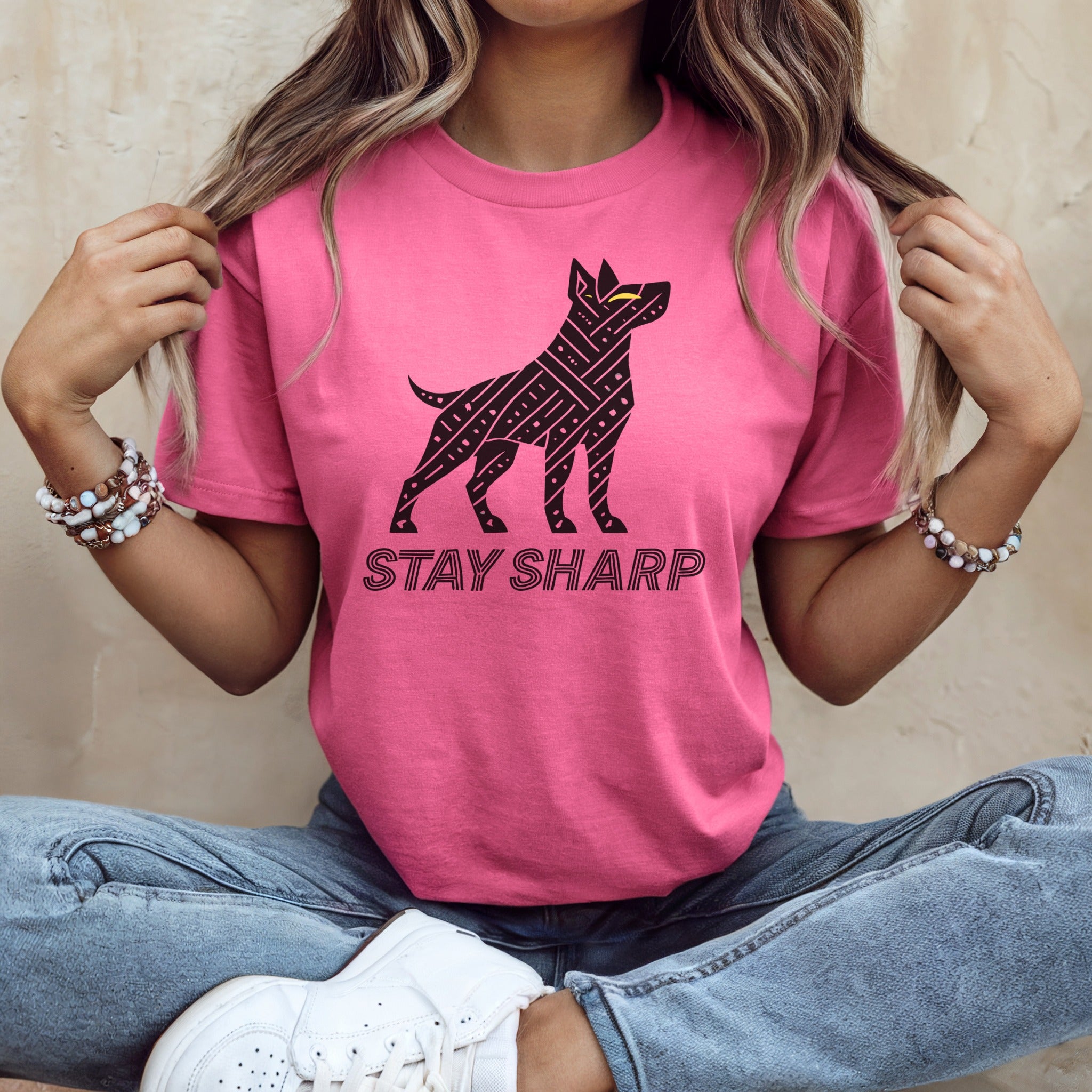 Stay Sharp Dog Graphic Pink T-shirt for Casual Wear