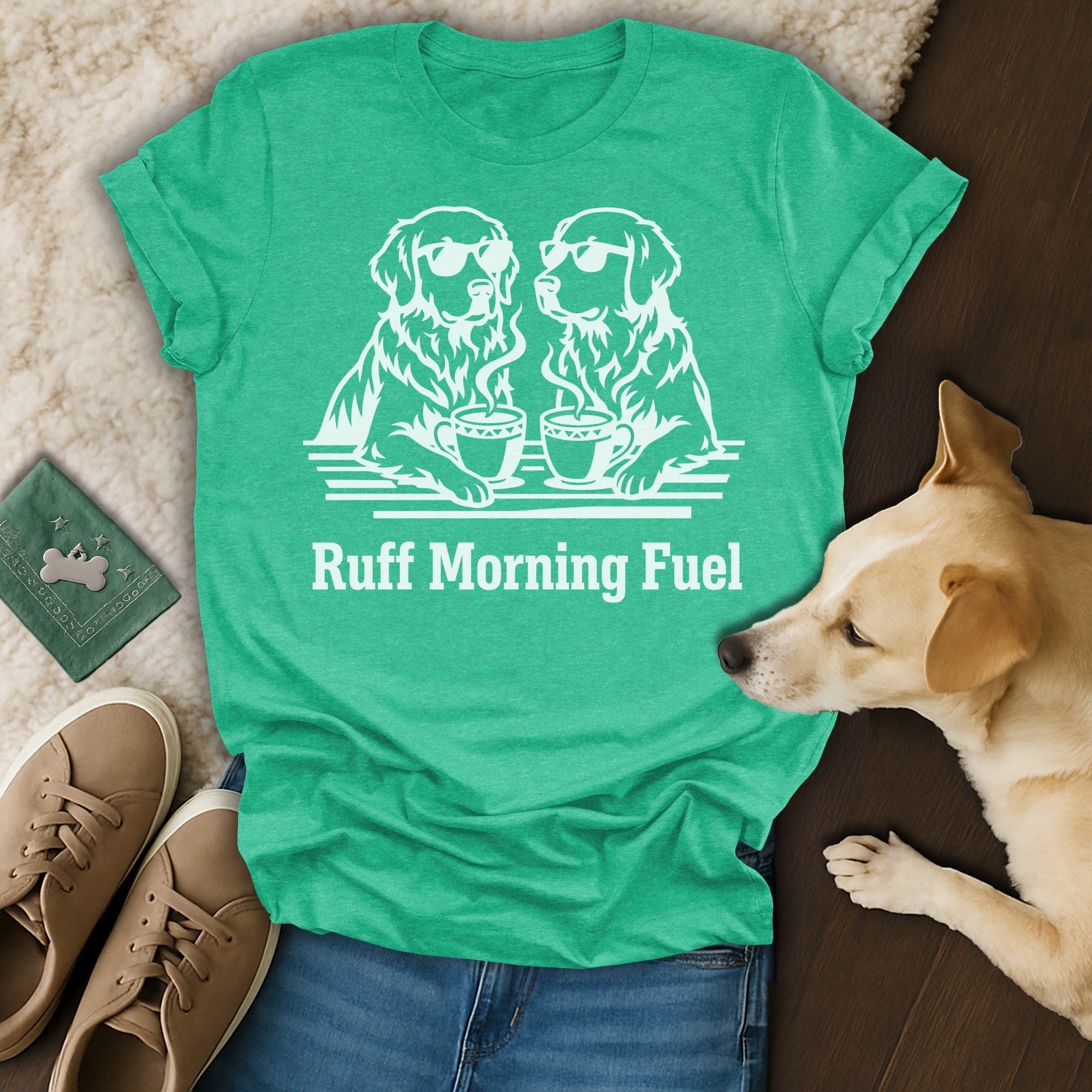 Ruff Morning Fuel Dogs Coffee Sunglasses Green Tee product type