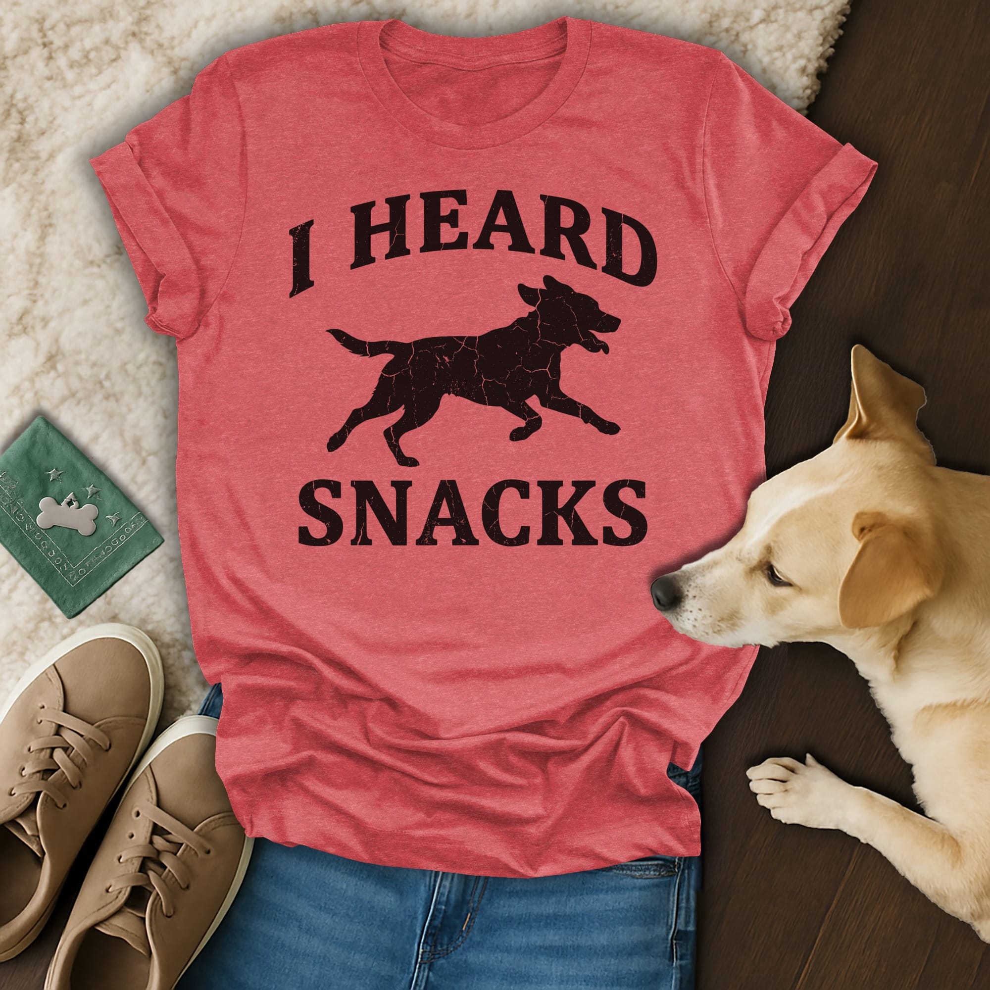 Red t-shirt with distressed black "I Heard Snacks" text and dog silhouette.