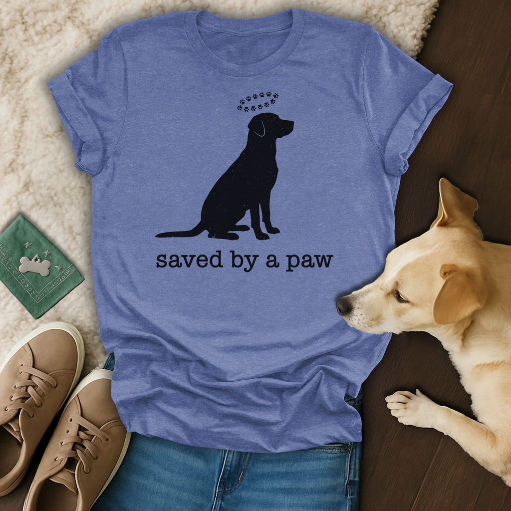 Black dog silhouette with paw prints above its head, on a blue t-shirt.