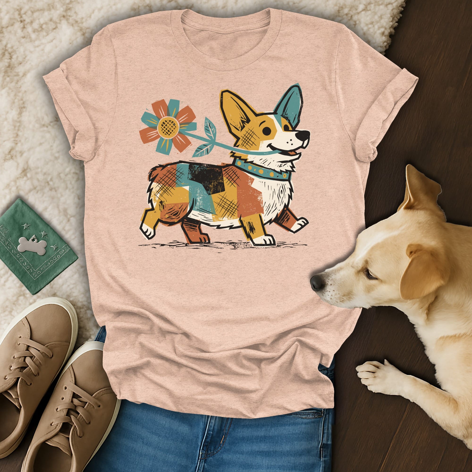 Peach t-shirt with a colorful corgi holding a flower.