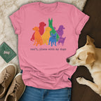 Pink t-shirt with colorful dog silhouettes and text "can't, plans with my dogs".