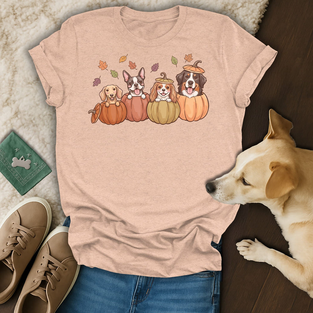 Four cartoon dogs in pumpkins with fall leaves on a peach t-shirt.