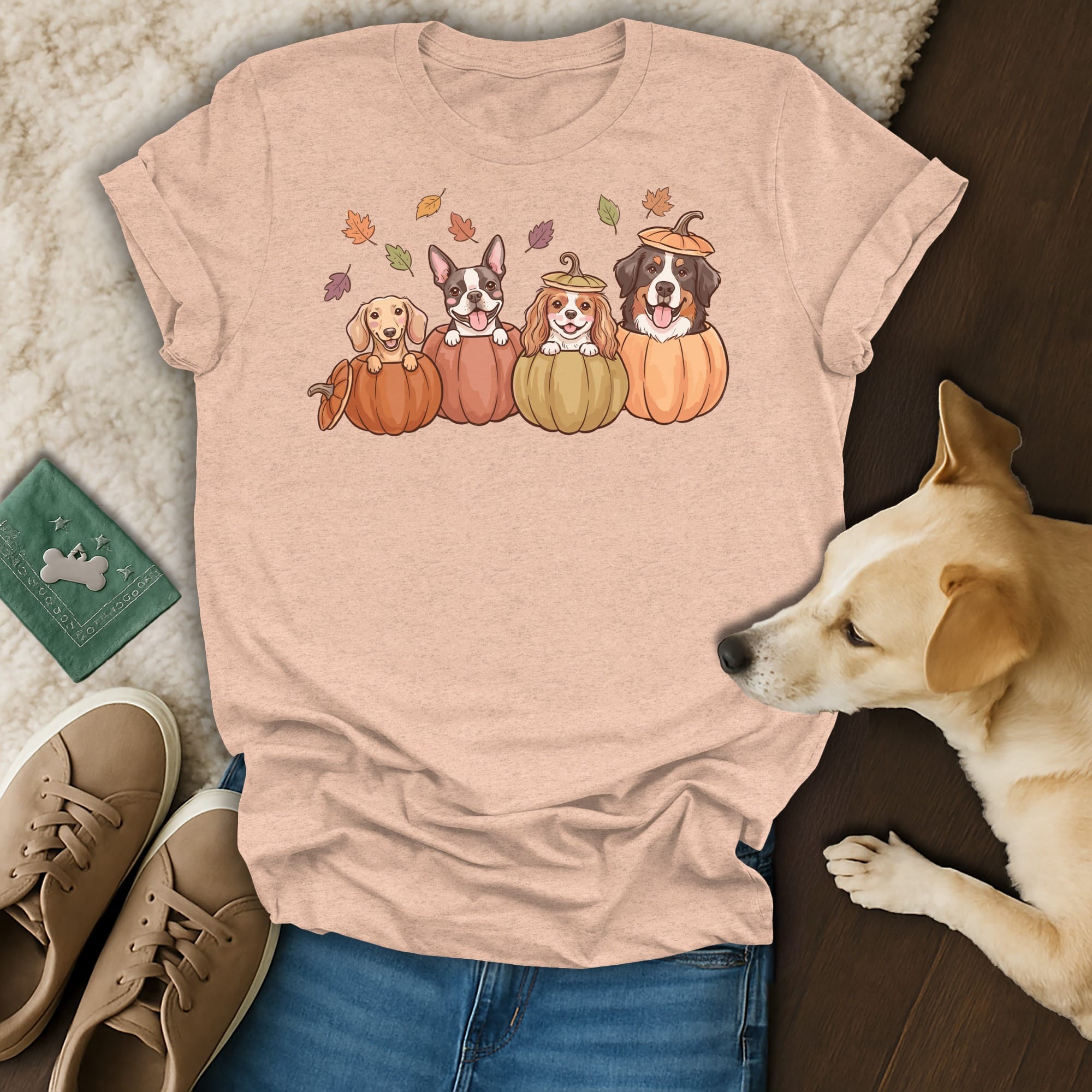 Four cartoon dogs in pumpkins with fall leaves on a peach t-shirt.