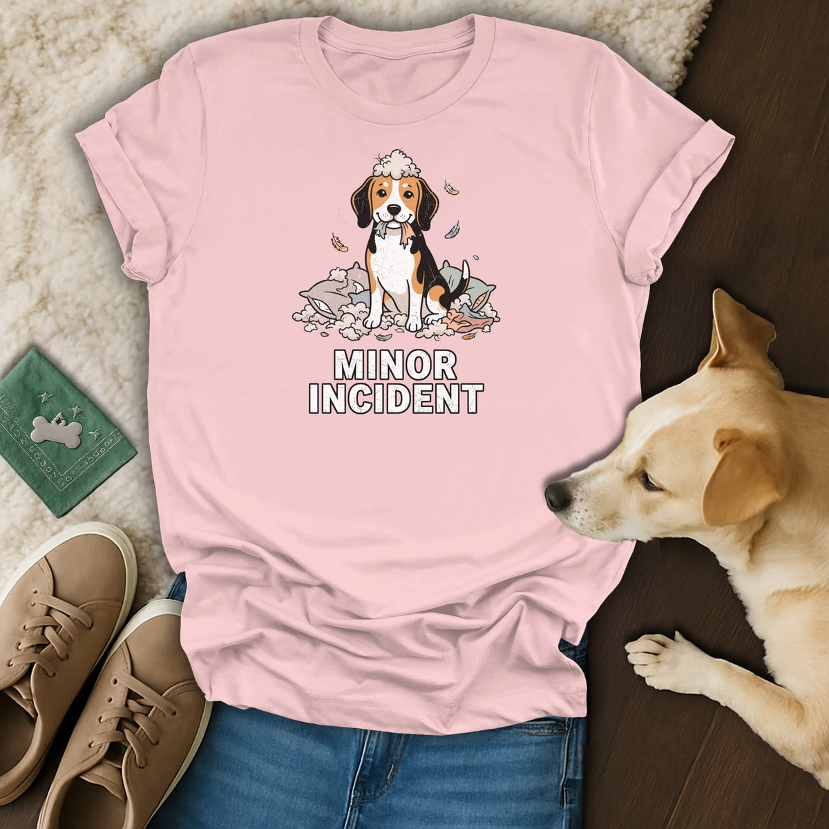 Pink t-shirt with a beagle dog illustration and the text "MINOR INCIDENT".