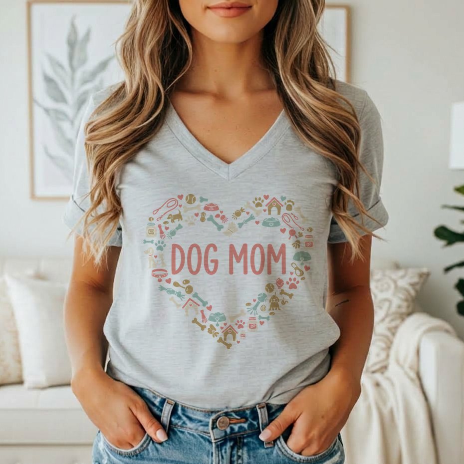 Grey t-shirt with a heart-shaped graphic of dog-related icons and the text "DOG MOM".