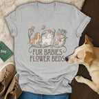 Heather gray v-neck t-shirt featuring a vintage floral illustration of three small dogs and the text FUR BABIES FLOWER BEDS.