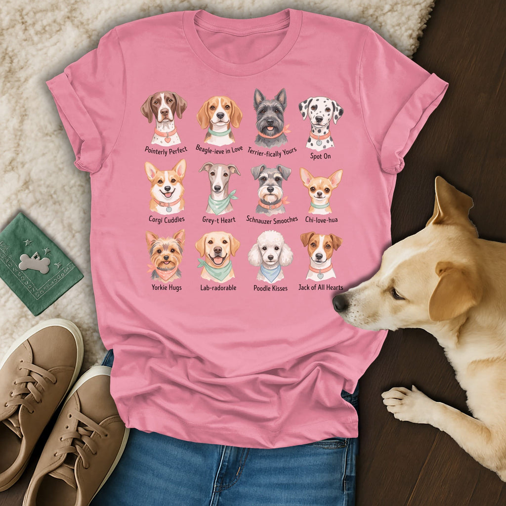 Dog breeds illustrated with playful puns on a pink t-shirt.