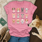 Dog breeds illustrated with playful puns on a pink t-shirt.