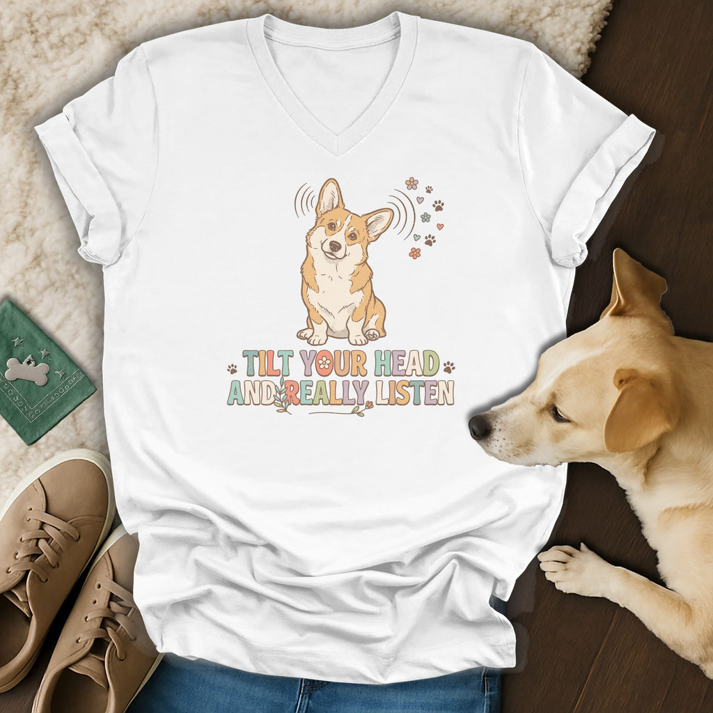 White t-shirt with cartoon corgi and text "TILT YOUR HEAD AND REALLY LISTEN".