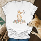 White t-shirt with cartoon corgi and text "TILT YOUR HEAD AND REALLY LISTEN".
