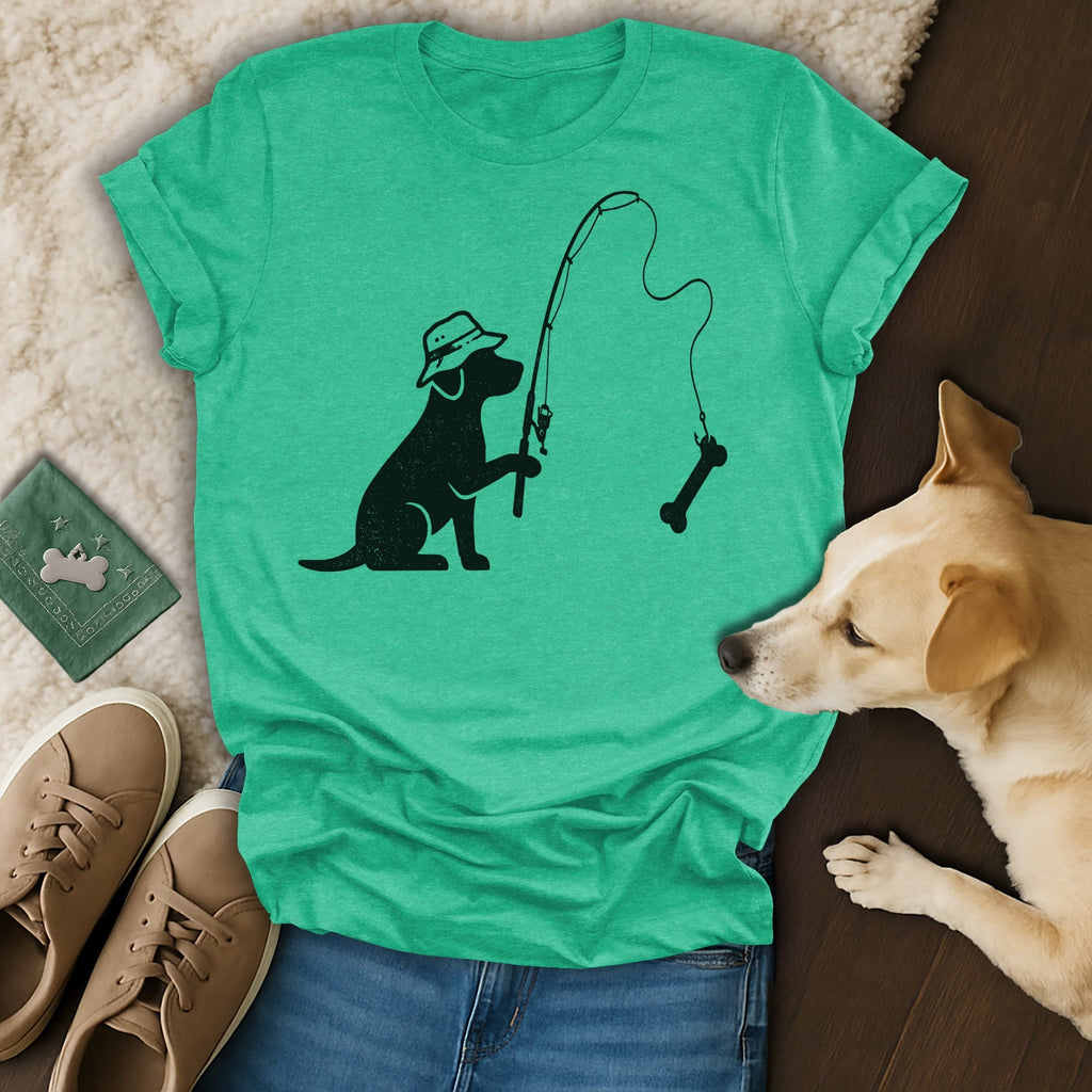 T-shirt with a silhouette of a dog fishing for a bone.