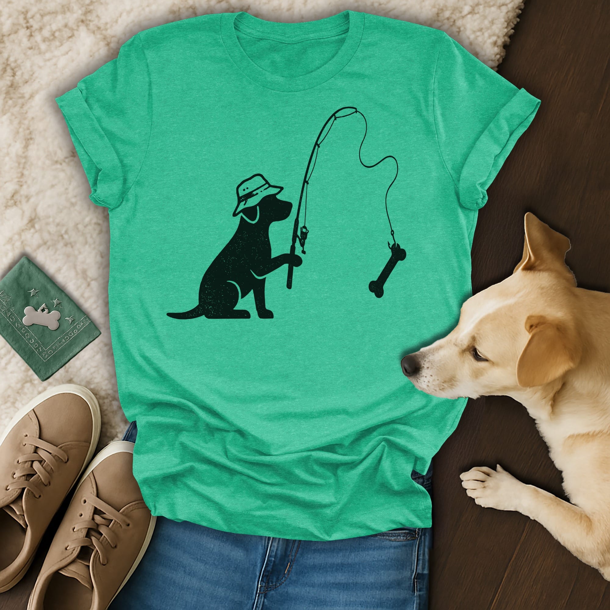 T-shirt with a silhouette of a dog fishing for a bone.